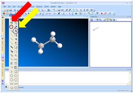 A screen capture shows a diagram of a molecule and two icons circled on a drop-down menu.