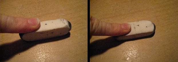 Two images on a demonstration showing that amount of friction increases with increasing contact area. On the left is an eraser on its narrow side being pushed by a finger. On the right is the same eraser, now lying on its wider side, being pushed by the same finger.