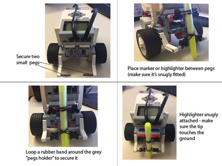 Four photos: Secure two small pegs. Place marker between pegs (make sure it's snugly fitted). Loop a rubber band (from kit) around the gray "pegs holder" to secure it. Now marker is snugly attached; make sure the tip touches the ground. 