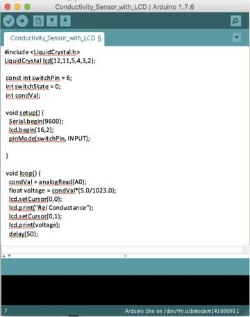 A screen capture shows the code needed to control the LCD and display the conductivity value measured by the conductivity probe.