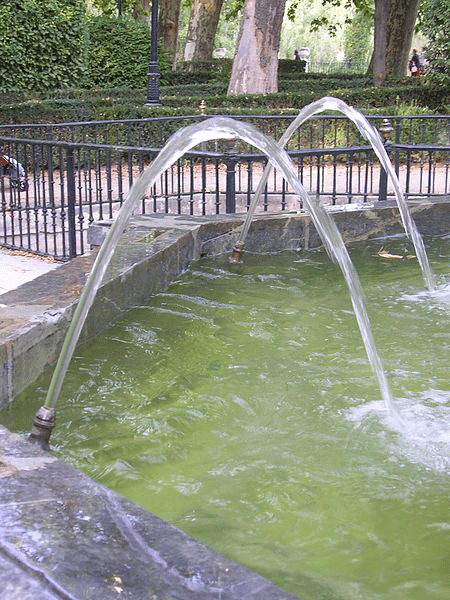 A photograph of a fountain shows two hoses spraying water in arcs.