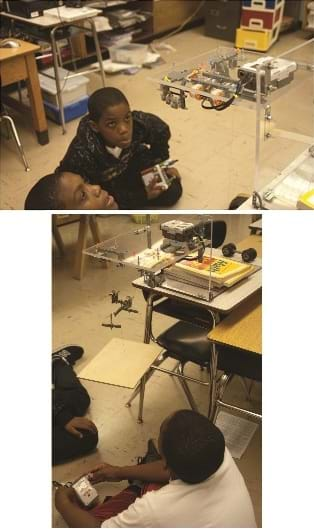 Two photos: In both, students are conducting the activity in a classroom, focused on the mechanized motion of the gears and pulley-assisted platform.