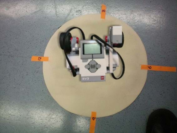 Photo shows a small robot on the floor, positioned on a circular piece of construction paper. with orange tape marking the 12, 3, 6 and 9 hour positions.