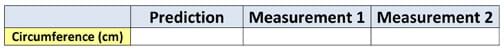 A table with columns titled: prediction, measurement 1, measurement 2, and row titled: circumference (cm).