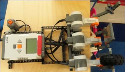 The LEGO MINDSTORMS NXT robot for the rock-paper-scissors activity. The LEGO MINDSTORMS NXT robot for the rock-paper-scissors activity.