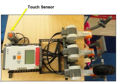 View from above a tabletop of a LEGO robot composed of a LEGO brick and three motors with different attachments. A yellow arrow points to the touch sensor.