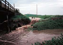 A photograph shows brown water flowing like a little waterfall from a road-level field by a bridge into a muddy stream under the bridge.