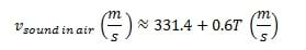 Equation: V (sound in air) x m/s ≈ 331.4 + 0.6T x m/s