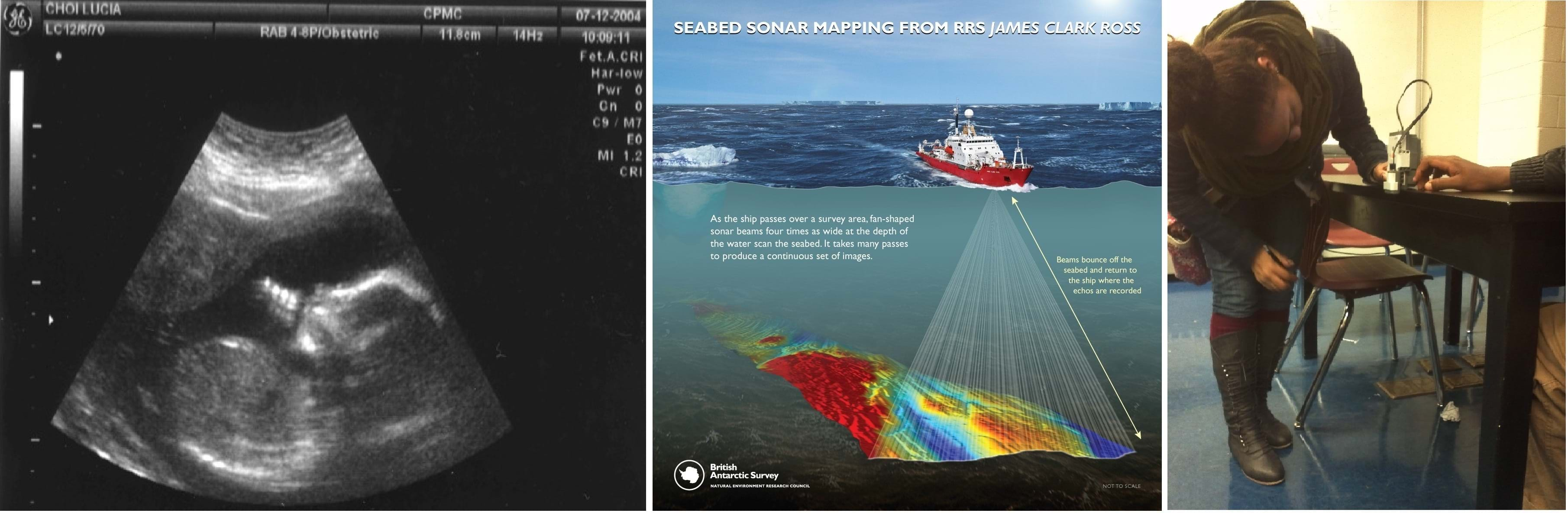 Three images (left to right): A fetal sonogram looks like a fuzzy black and white image. A drawing shows a ship sending sonar sensor sends waves below the water to determine the seabed terrain. A teenager measures the distance between a desk and the floor using a LEGO robot with sensor attachment.