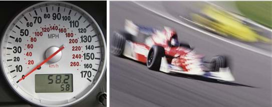 A photograph shows a car speedometer—a round dial marked in two different units, 0 to 170 mph and 0 to 260 kph; A blurry photograph of a speeding Formula 1 car on a track.
