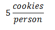 Equation showing cookies per person: 5 cookies / person.