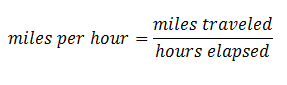 Equation showing miles per hour: miles per hour = miles traveled / hours elapsed.
