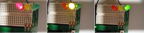 A sequence of three photos shows the order in which the LEDs turn on and off to simulate a traffic light. 