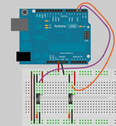 Photo shows breadboard and ArduinoUno board wired together.