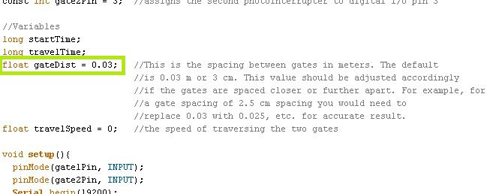 A screenshot of the Speedometer2sesnors code, with "float gateDist = 0.03;" marked by a green box.