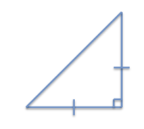 A line drawing of a right isosceles triangle with hash marks on two sides to denote the two equal-length sides.