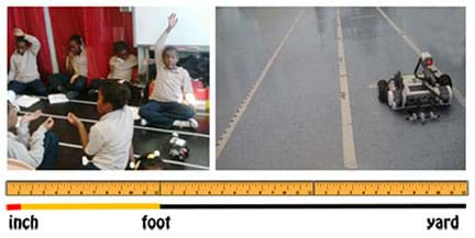 Two photos and a drawing: Six students sit on the floor working with a small robot and three tape-marked tracks. A view of a shoe-box sized robot on a linoleum floor near three long stretches of masking tape each marked with different units. A drawing of three foot-long rulers placed end-to-end with labels noting an inch, a foot and a yard. At the The Brooklyn Brownstone School.