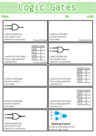 An image of a student worksheet titled “Logic Gates” featuring a grid of logic gate identification activities. Each cell includes a mix of gate symbols, truth tables, or gate names, requiring students to complete the missing information. The worksheet includes labeled examples, a challenge problem with three inputs, and empty spaces for student responses.