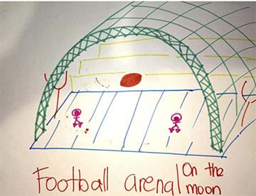 Sketch of a blue American football field covered with a green big net that stops the ball and the players. There are two players who have heavy shoes and a red helmet for breathing.
