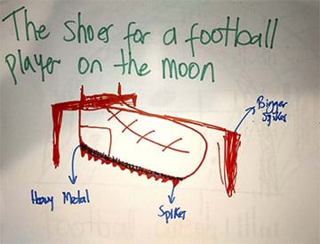 Sketch of a red athletic shoe. It has three big spikes from the neck of the shoe, which go to the ground. The sole is made of heavy metal and has small spikes.