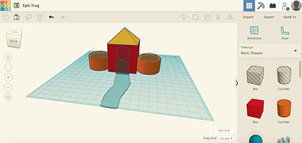 A screenshot of TinkerCad showing a red cubic house with one window, yellow roof, and two orange cylindric rooms at each side. Finally, it has a blue road from one of the limits of the working space to the door of the house.