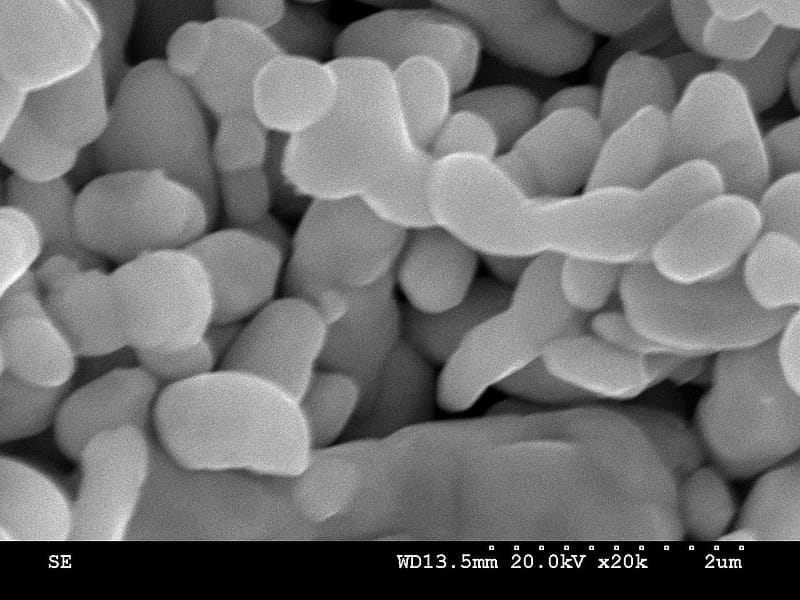 An image taken from an electron microscope scan of silver nanoparticles. The chromatic particles are measured in a caption below signifying the micrometer scale.
