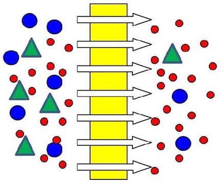 A graphic of a rectangular membrane that acts as a filter and has various colored circles and triangles on both sides. The red circles are water molecules and the green triangles and blue circles represent particulates. The water filters through the membrane, leaving particulate matter behind.