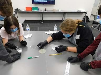 Students in personal protective equipment gather around a laboratory workspace and test bacteria samples in agar dishes.