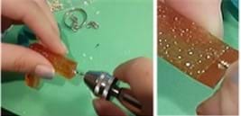 Two pictures showing a hand inserting an eye hook into a resin letter; the second photo is a close-up of the eye hook being inserted into the resin. 