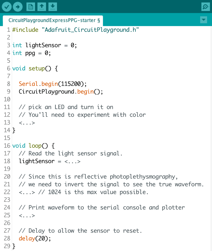 A screenshot shows the starter code for the light sensor pulse reader project including comments for students to follow.