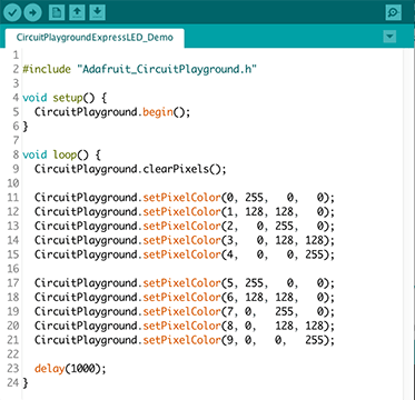 A screenshot shows computer code for changing the colors of the LEDs on a Circuit Playground.