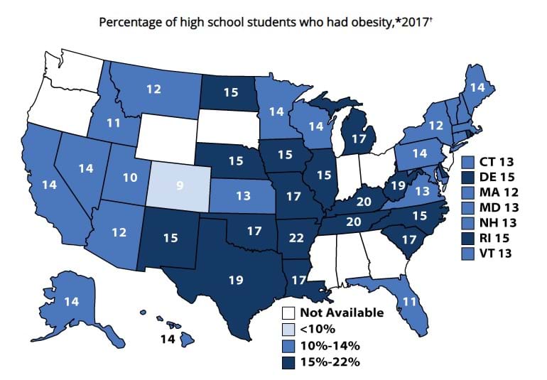 A graphic representation of percentage of high school students that suffered from obesity in the United States in the year 2017.