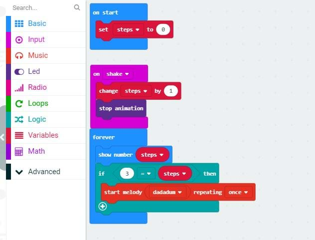 A screenshot shows code for creating a pedometer using a micro:bit.