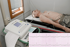 A photo of a young solider receiving an electrocardiogram (ECG).