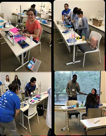 Top left photo shows a high school student measuring hydraulic flow rate. Top right photo shows three teens measuring biochar on a triple beam balance.  Bottom left photo shows three students observing hydraulic flow rate. Bottom right photo shows three teenagers presenting their findings.