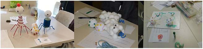 Three examples of student work are shown. Virus models are made out of foam, colored pipe cleaners, cotton balls, and colored pom-poms. 