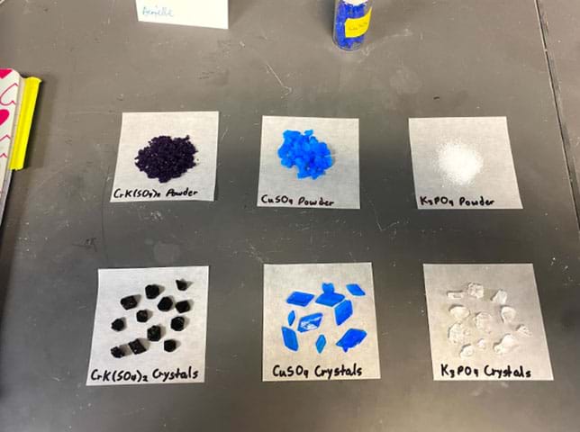 A photo that shows how these compounds look as a powder versus their crystal forms after precipitating out of a solution.