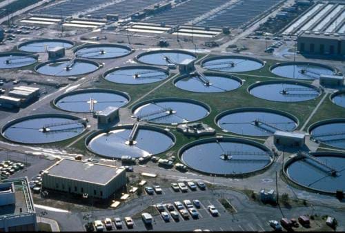 A photo of a wastewater treatment plant from an airplane.