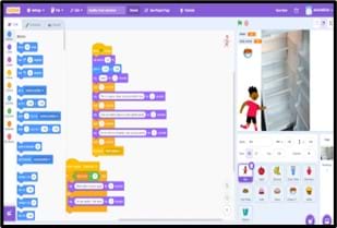 A screenshot of a scratch game. The left side shows the block code; the right side shows an opened fridge and a boy sorting foods into healthy or unhealthy categories.