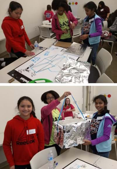 (top) A group of students planning and sketching their cooler design. (bottom) The same group of students now holding up their finished handmade cooler box.