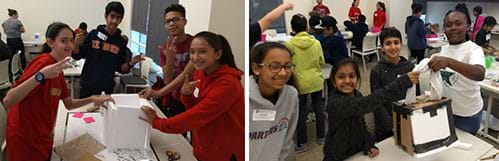 (top) A group of students planning and sketching their cooler design. (bottom) The same group of students now holding up their finished handmade cooler box.