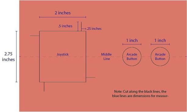 A horizontal, rectangular diagram shows where to make cuts in the top of a cardboard box (black lines) and provides dimensions (in blue). A dashed middle line halves the top of the box horizontally to help in placement of a nearly square hole for the joystick (on the left; 2 x 2.7 inches) and two arcade buttons (on the right; two round 1-inch diameter holes)—all placed along the middle line. The joystick’s square cutout also includes four half-inch slots positioned one-quarter-inch away from the edge of each of the rectangle’s sides, sticking out perpendicular to the joystick cutout.