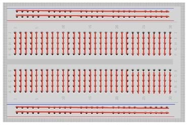 A top view of a breadboard with red lines added to show the location of metal bars that connect together holes in the same rows.