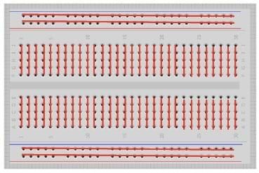 A top view of a breadboard with red lines added to show the location of metal bars that connect together holes in the same rows.