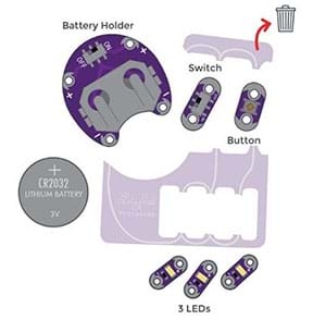 A diagram of the LilyPad ProtoSnap shows assorted pieces that were punched out of a plastic panel: battery holder, switch, button, and three LEDs, plus a nearby 3V CR2032 lithium coin battery. An arrow indicates that the plastic sheet from which they were separated may be discarded in the trash.