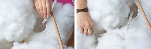 Two photographs. Two hands insert an LED strip into a white polyfil-covered paper lantern. A hand gently lays over the exterior polyfil an LED strip that emerges from the inside of the cloud lantern.