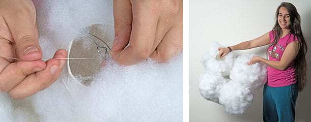 Two photographs: A close-up view shows two hands using fishing line to tie together two polyfil-covered paper orbs to the wire structure at the top of one lantern frame. A woman holds a finished cloud light fixture structure, which looks like five white fluffy balls joined together to resemble one large cloud.