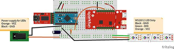 A diagram shows the circuit setup to power the cloud lights and connect it to the Internet.