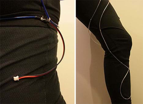 Two photographs show EL wire being sewn onto the clothes on a woman’s hip (left) and leg (right). On the hip, the sewing starts from the JST connector. On the leg, the wire loops in curves that go around the leg from calf to thigh.