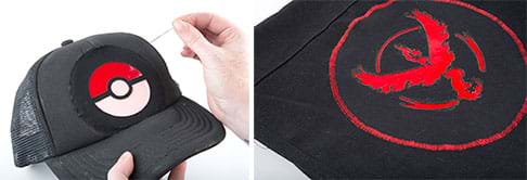 Two photographs. At left, a needle and thread being used to sew a Poke ball patch onto the front panel above the bill of a black baseball hat. On the right, a Moltress patch stitched onto a black shirt; the thick and tight zig-zag red-thread machine stitches created a dramatic outer circle around the Pokémon character. 